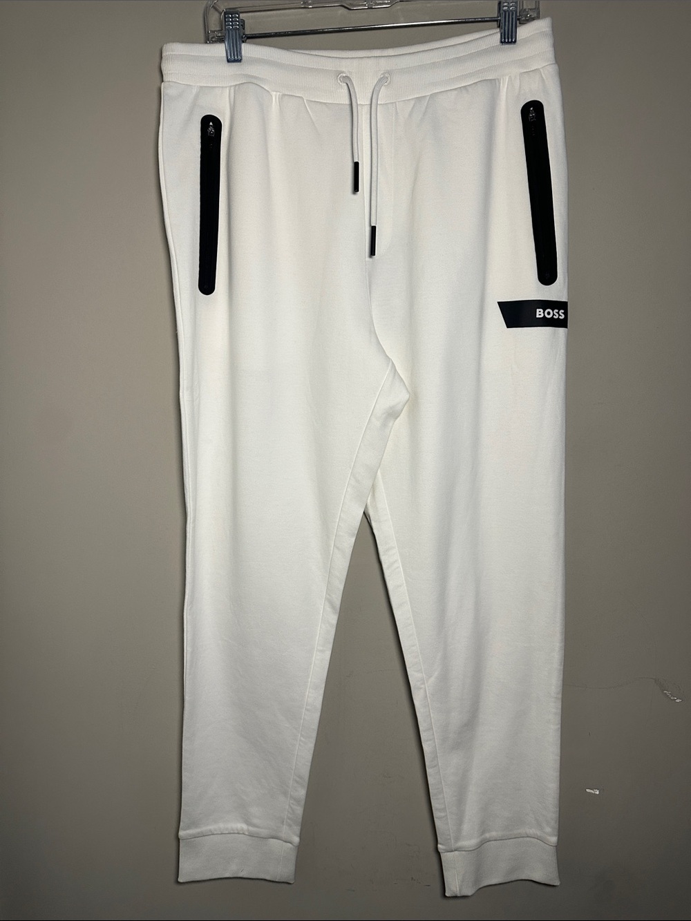 Hugo Boss New White Jogger Sweatpants with Black Zip Trim